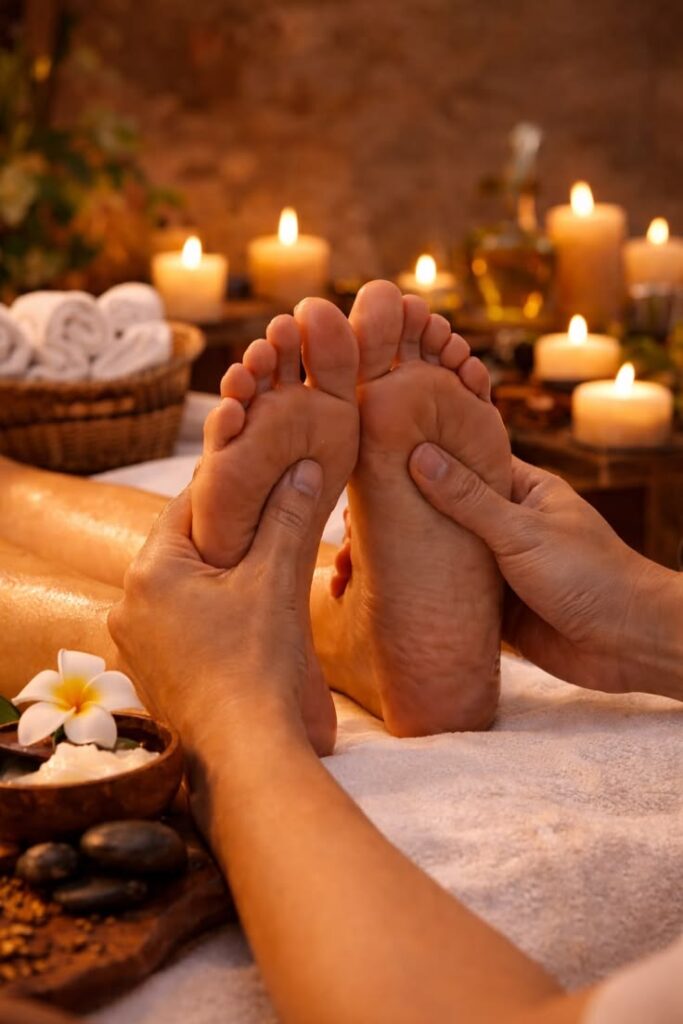 Therapist performing foot reflexology massage with hot stones, plumeria flower, coconut bowl and glowing candles at Holistic Luxury Spa & Salon, Bhopal