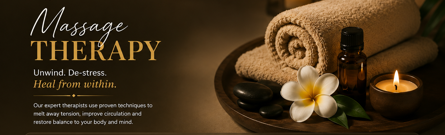 Massage therapy banner with essential oil bottle, hot stones, plumeria flower and candle at Holistic Luxury Spa & Salon, Bhopal