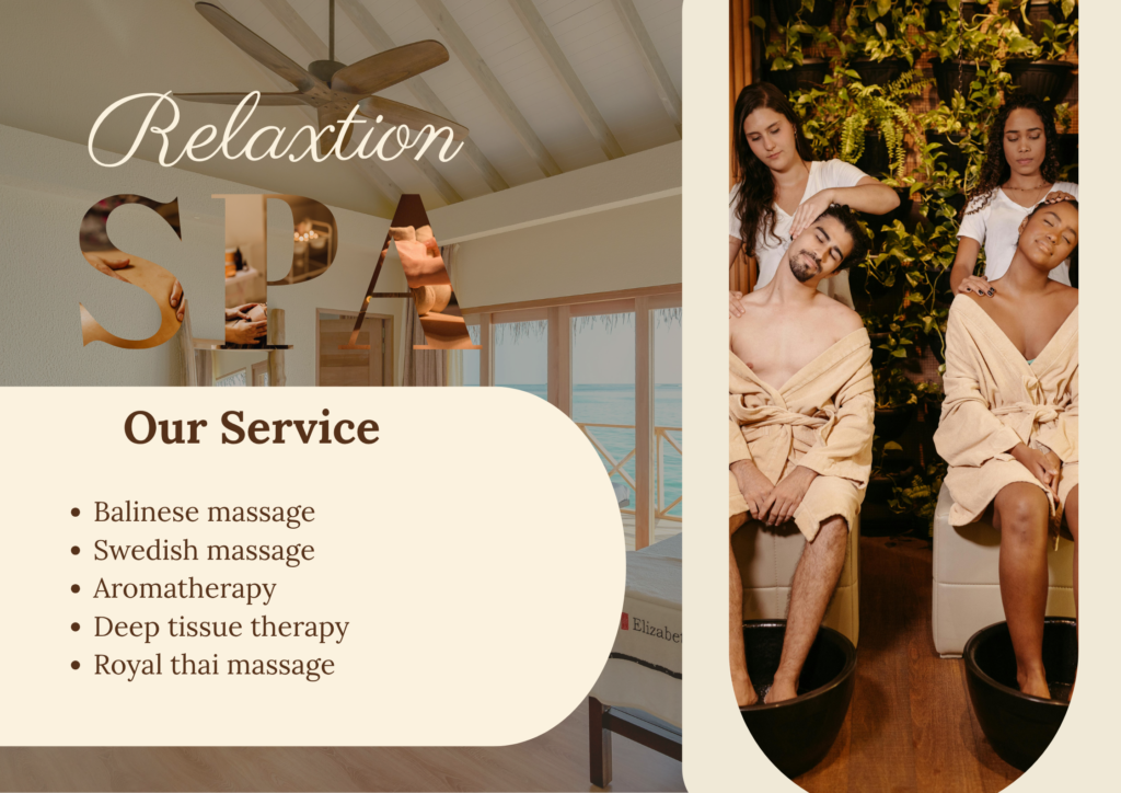 Relaxation spa services poster showing couples receiving neck massage and foot soak therapy including Balinese, Swedish, aromatherapy, deep tissue and Royal Thai massage at Holistic Luxury Spa & Salon, Bhopal