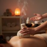 Therapist applying steaming herbal compress poultice on guest's back for heat therapy at Holistic Luxury Spa & Salon, Bhopal