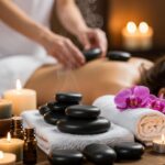 Hot stone massage therapy with steaming black basalt stones, essential oils, orchid flowers and candles at Holistic Luxury Spa & Salon, Bhopal