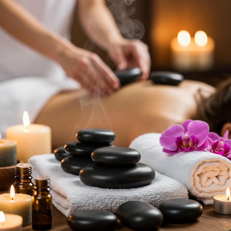 Hot stone massage therapy with steaming black basalt stones, essential oils, orchid flowers and candles at Holistic Luxury Spa & Salon, Bhopal