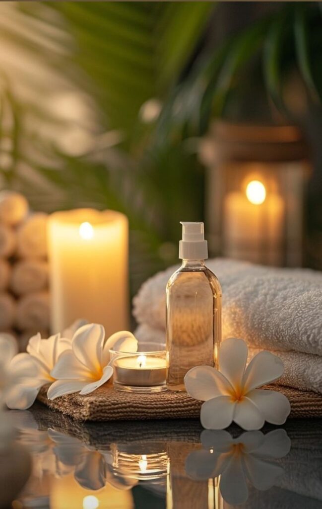 Luxury skincare setup with serum bottle, plumeria flowers, candles and soft towels at Holistic Luxury Spa & Salon, Bhopal