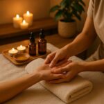 Therapist performing relaxing hand massage with essential oils and candles on white towel at Holistic Luxury Spa & Salon, Bhopal