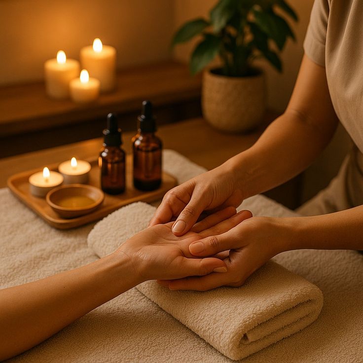 Therapist performing relaxing hand massage with essential oils and candles on white towel at Holistic Luxury Spa & Salon, Bhopal