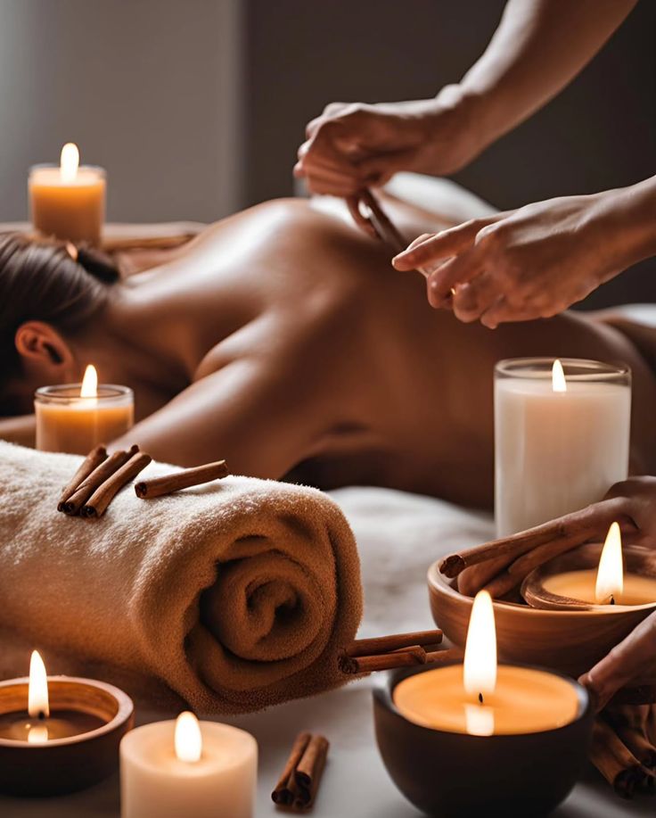 Luxury spa back massage with cinnamon sticks and candles at Holistic Luxury Spa & Salon, Bhopal