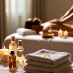 Spa treatment setup with aromatic essential oil bottles, gold pearl, folded white towels and candles with massage session in background at Holistic Luxury Spa & Salon, Bhopal