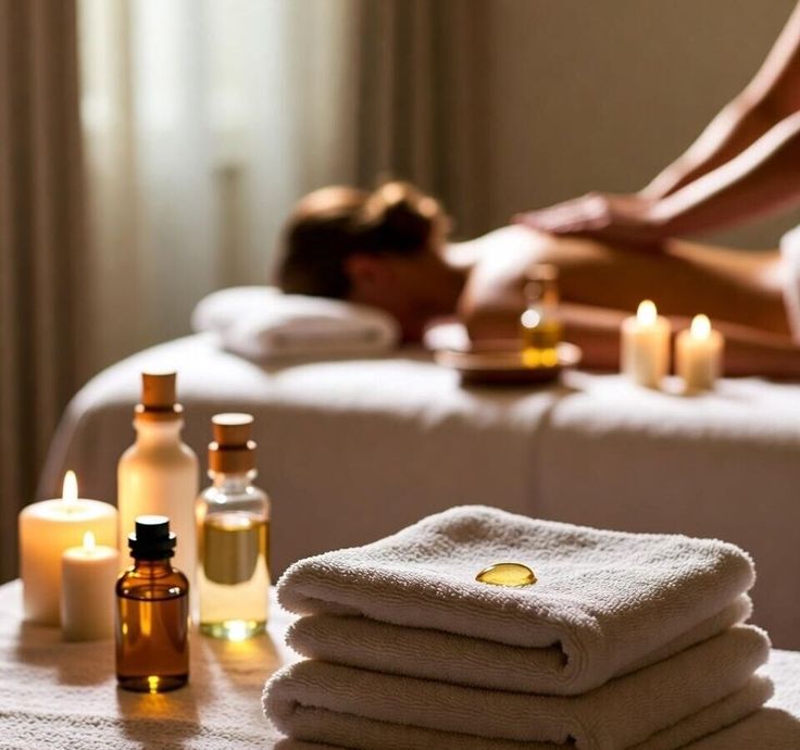 Spa treatment setup with aromatic essential oil bottles, gold pearl, folded white towels and candles with massage session in background at Holistic Luxury Spa & Salon, Bhopal