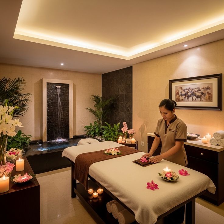 Therapist preparing luxury couples spa treatment room with massage tables, flowers, candles and indoor water feature at Holistic Luxury Spa & Salon, Bhopal