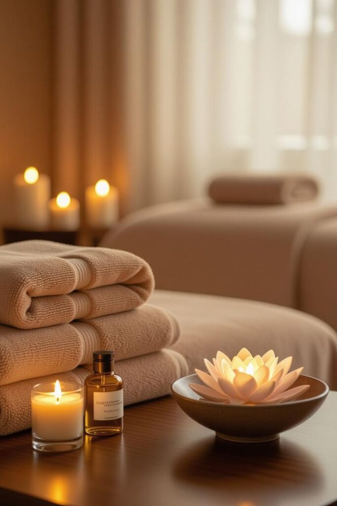 Luxury spa ambiance with glowing lotus flower bowl, essential oil bottle, candles and stacked beige towels beside massage table at Holistic Luxury Spa & Salon, Bhopal