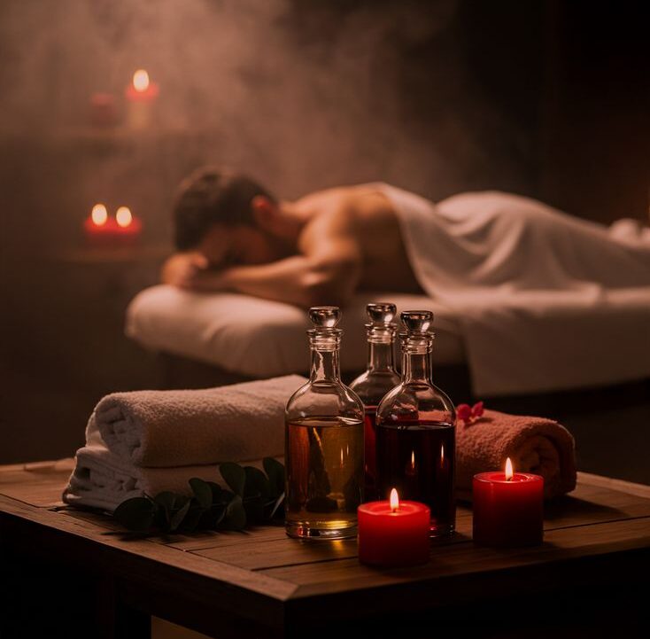 Luxury spa ambiance with aromatic essential oil bottles, red candles and man resting on massage table at Holistic Luxury Spa & Salon, Bhopal
